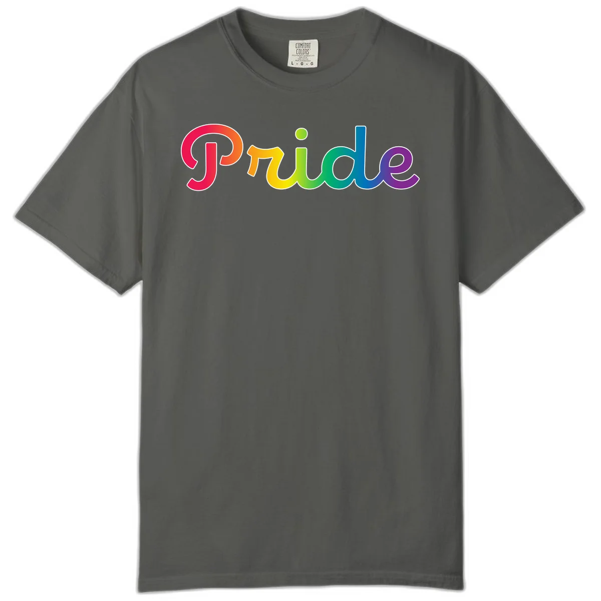The word 'Pride' in large bold letters with rainbow gradient fill transitioning from red to purple, featuring white outlines on gray background in Pepper