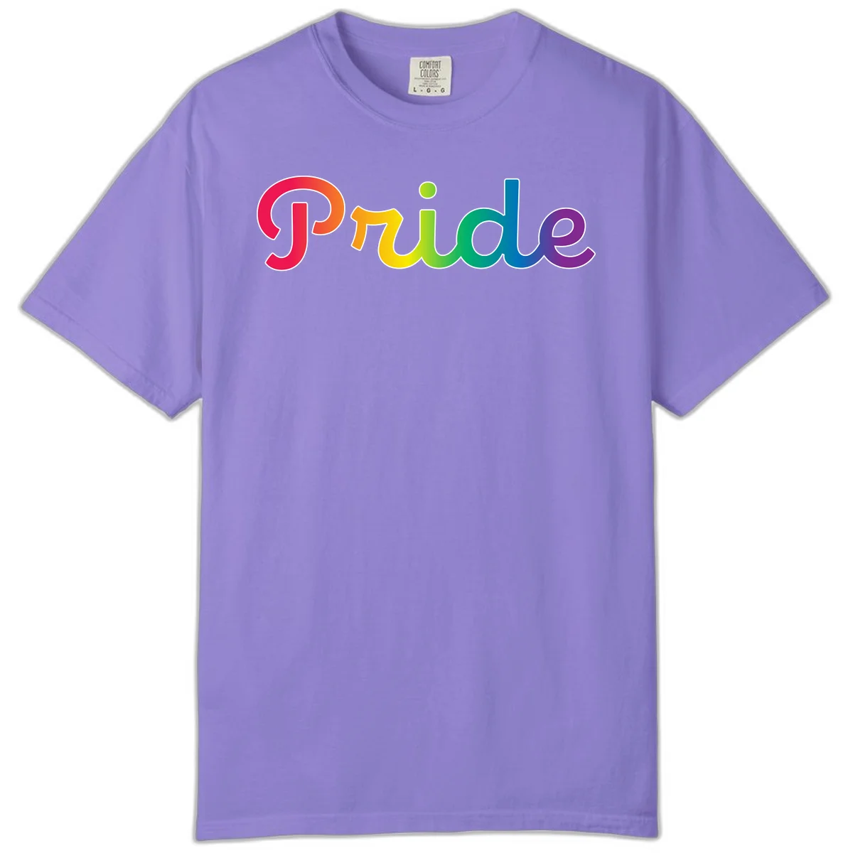 The word 'Pride' in large bold letters with rainbow gradient fill transitioning from red to purple, featuring white outlines on gray background in Violet