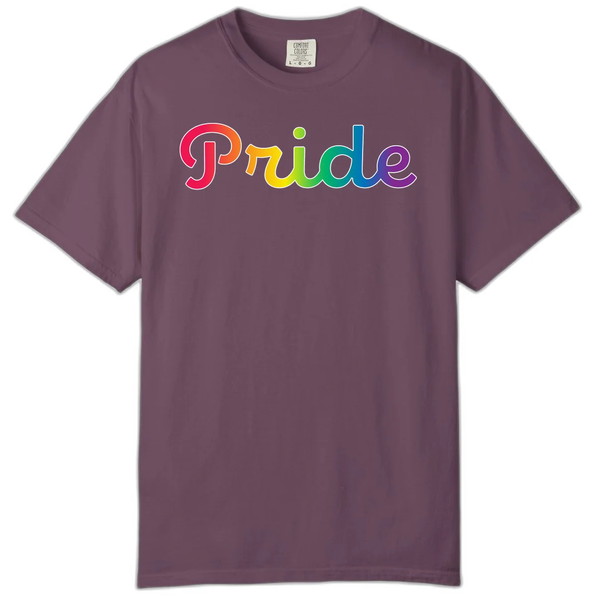 The word 'Pride' in large bold letters with rainbow gradient fill transitioning from red to purple, featuring white outlines on gray background in Berry