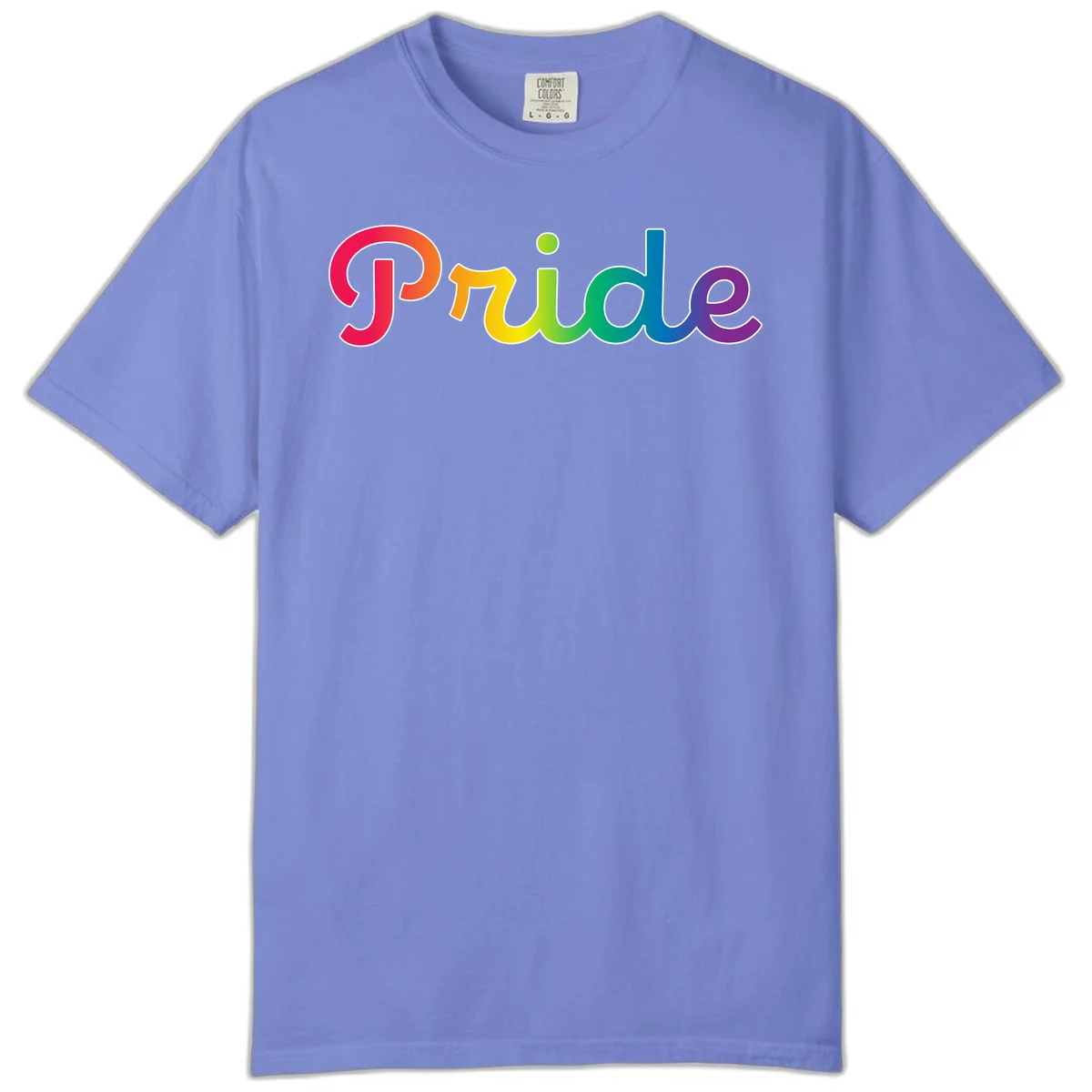 The word 'Pride' in large bold letters with rainbow gradient fill transitioning from red to purple, featuring white outlines on gray background in Flo Blue