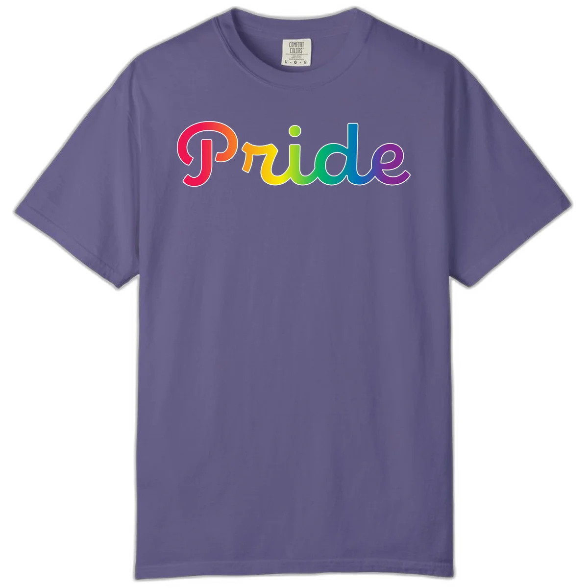 The word 'Pride' in large bold letters with rainbow gradient fill transitioning from red to purple, featuring white outlines on gray background in Grape