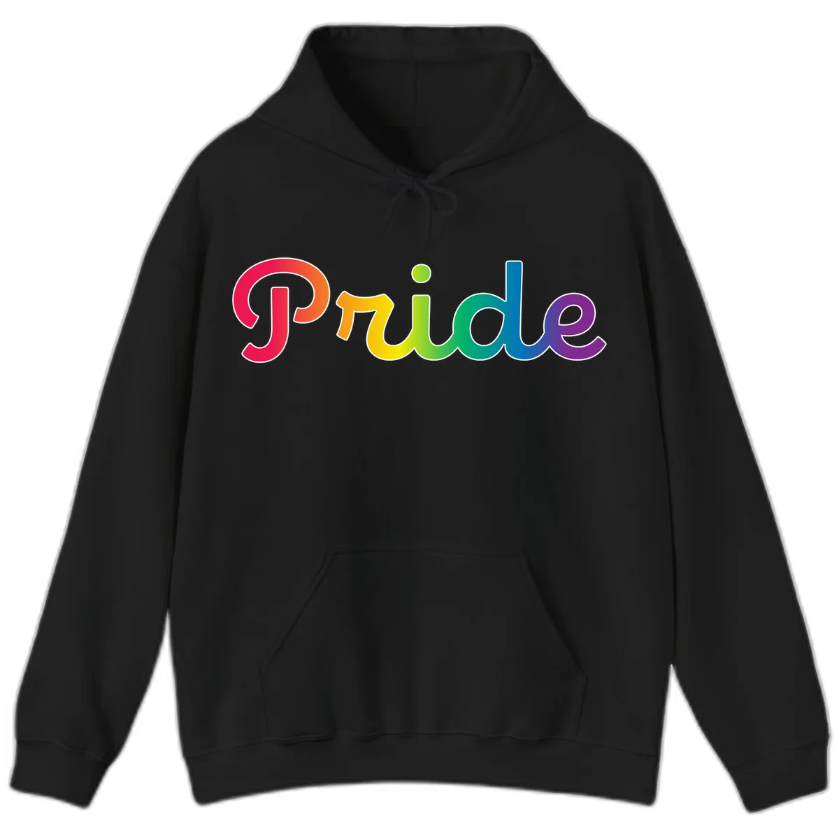 The word 'Pride' in large bold letters with rainbow gradient fill transitioning from red to purple, featuring white outlines on gray background in Black