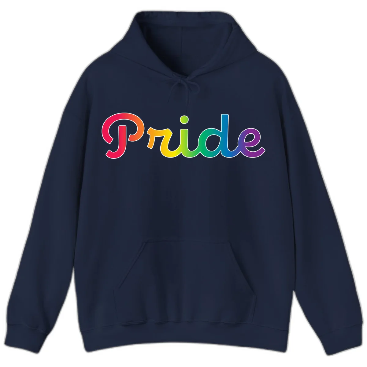 The word 'Pride' in large bold letters with rainbow gradient fill transitioning from red to purple, featuring white outlines on gray background in Navy