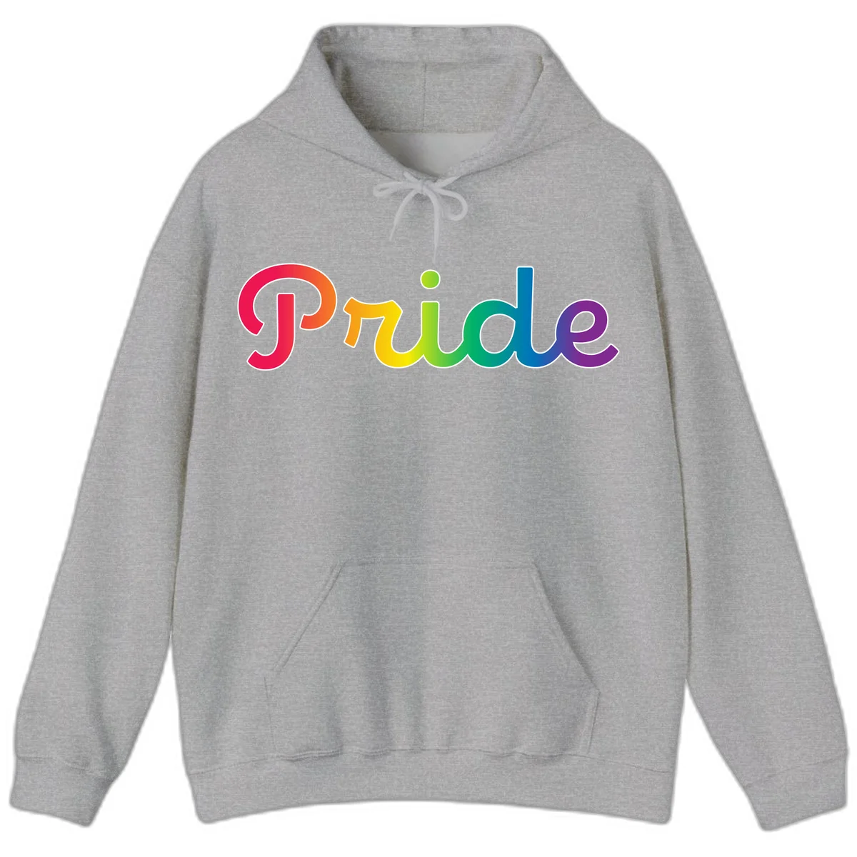 The word 'Pride' in large bold letters with rainbow gradient fill transitioning from red to purple, featuring white outlines on gray background in Sport Grey