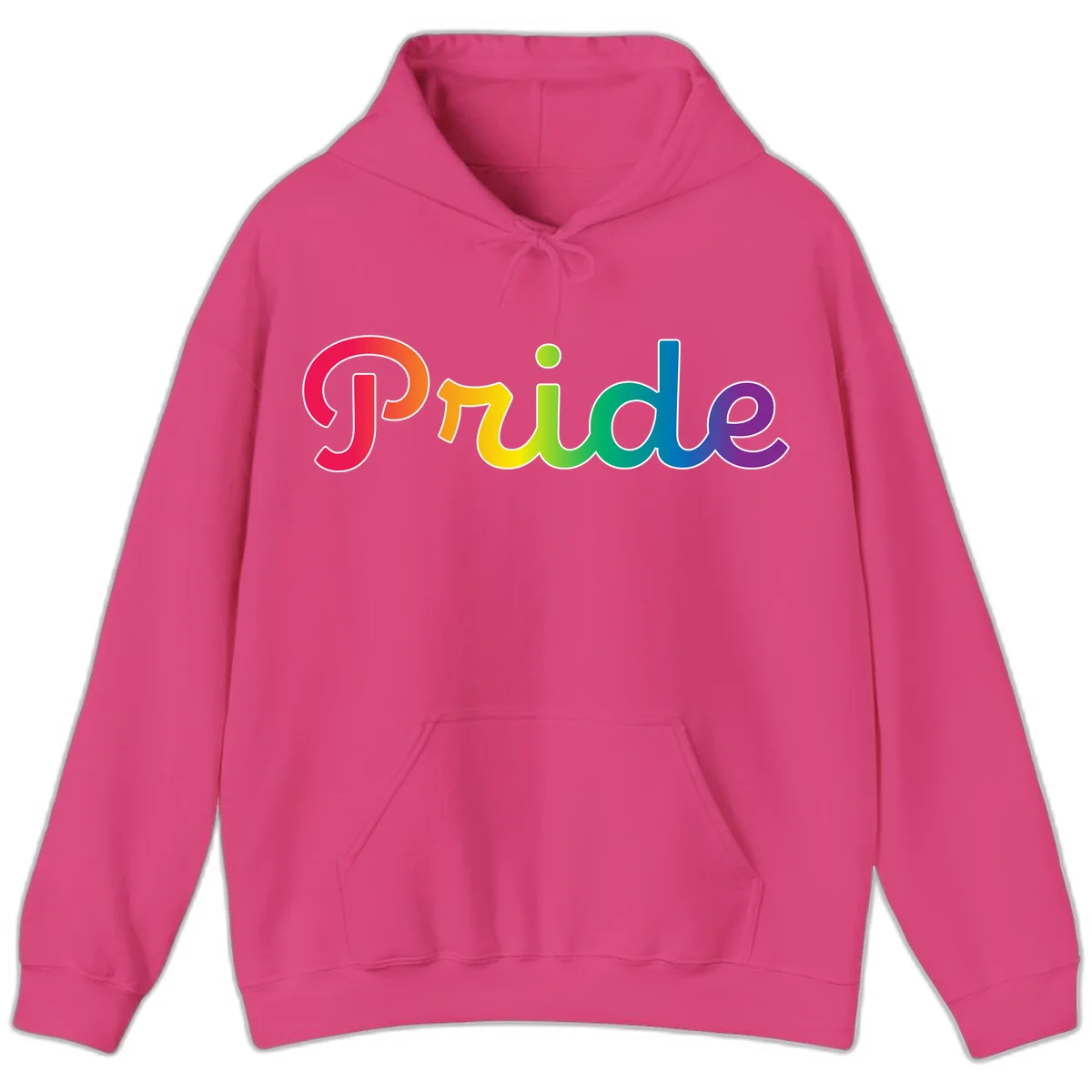 The word 'Pride' in large bold letters with rainbow gradient fill transitioning from red to purple, featuring white outlines on gray background in Heliconia