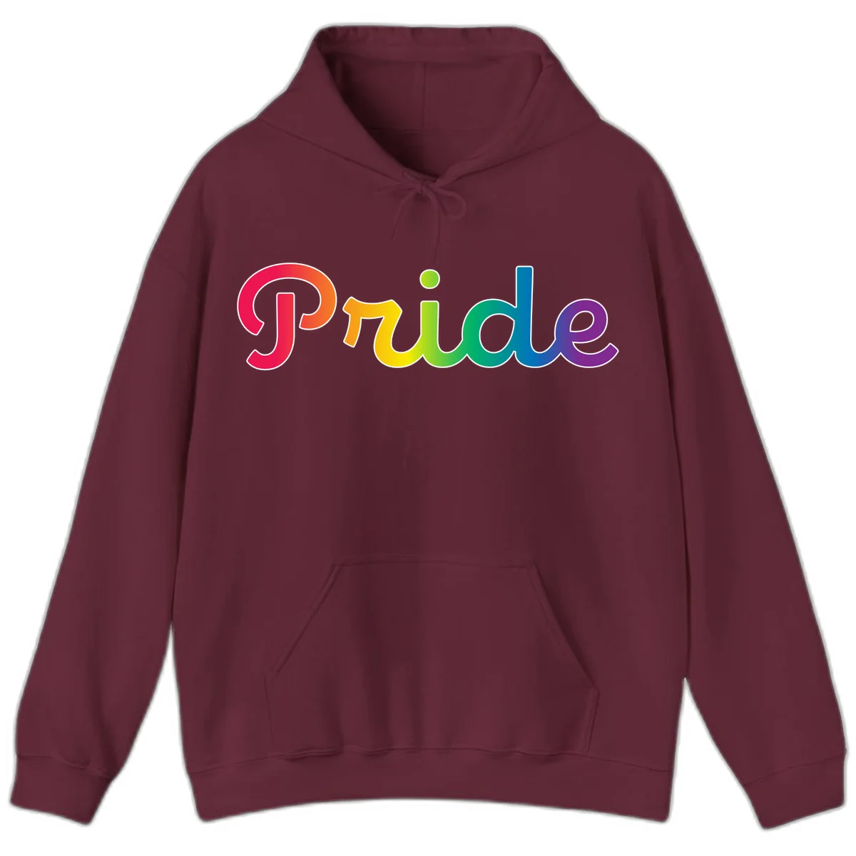 The word 'Pride' in large bold letters with rainbow gradient fill transitioning from red to purple, featuring white outlines on gray background in Maroon