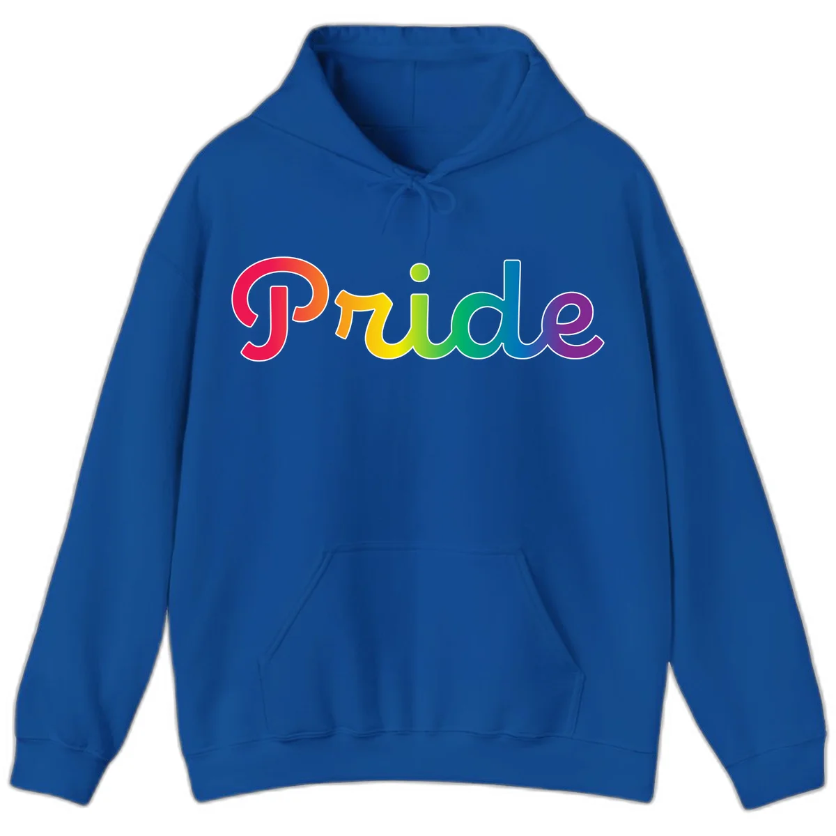 The word 'Pride' in large bold letters with rainbow gradient fill transitioning from red to purple, featuring white outlines on gray background in Royal