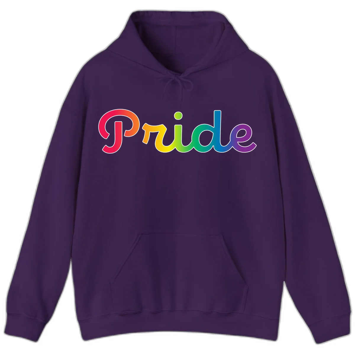 The word 'Pride' in large bold letters with rainbow gradient fill transitioning from red to purple, featuring white outlines on gray background in Purple
