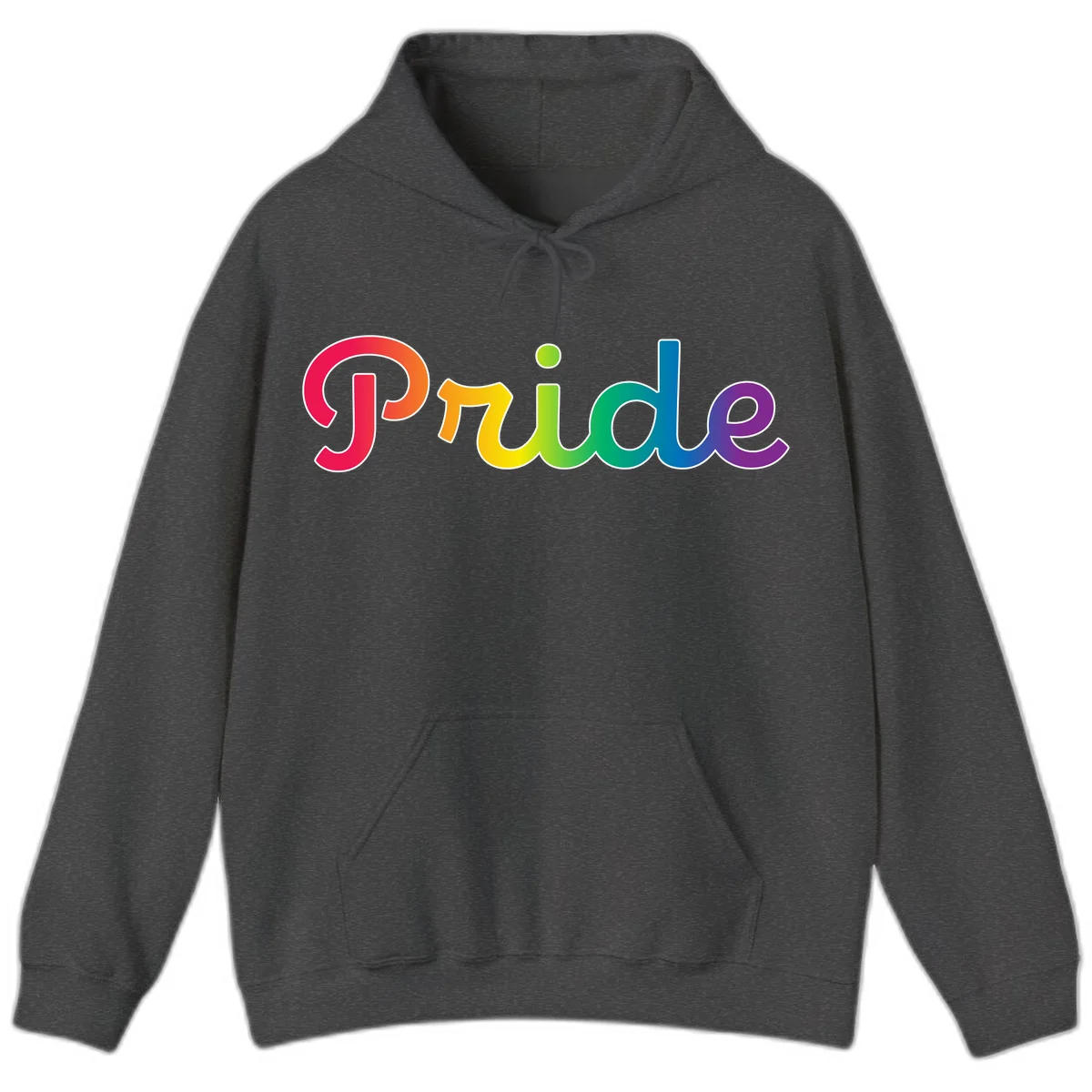 The word 'Pride' in large bold letters with rainbow gradient fill transitioning from red to purple, featuring white outlines on gray background in Dark Heather