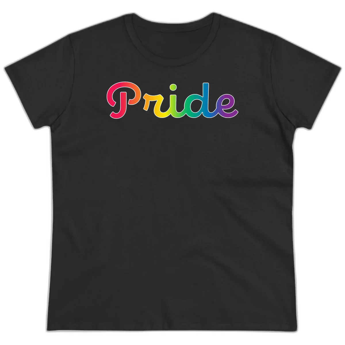 The word 'Pride' in large bold letters with rainbow gradient fill transitioning from red to purple, featuring white outlines on gray background in Black