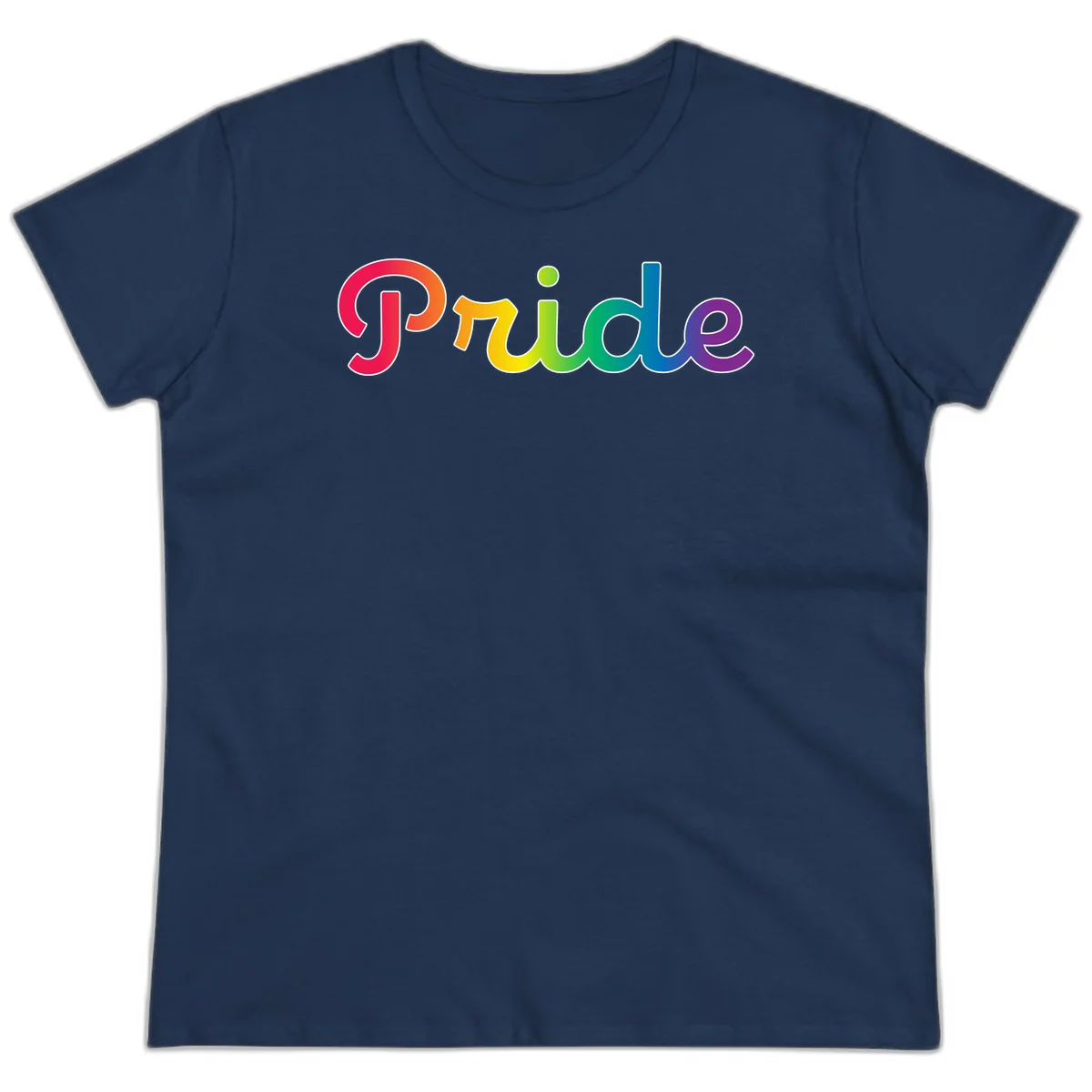 The word 'Pride' in large bold letters with rainbow gradient fill transitioning from red to purple, featuring white outlines on gray background in Navy