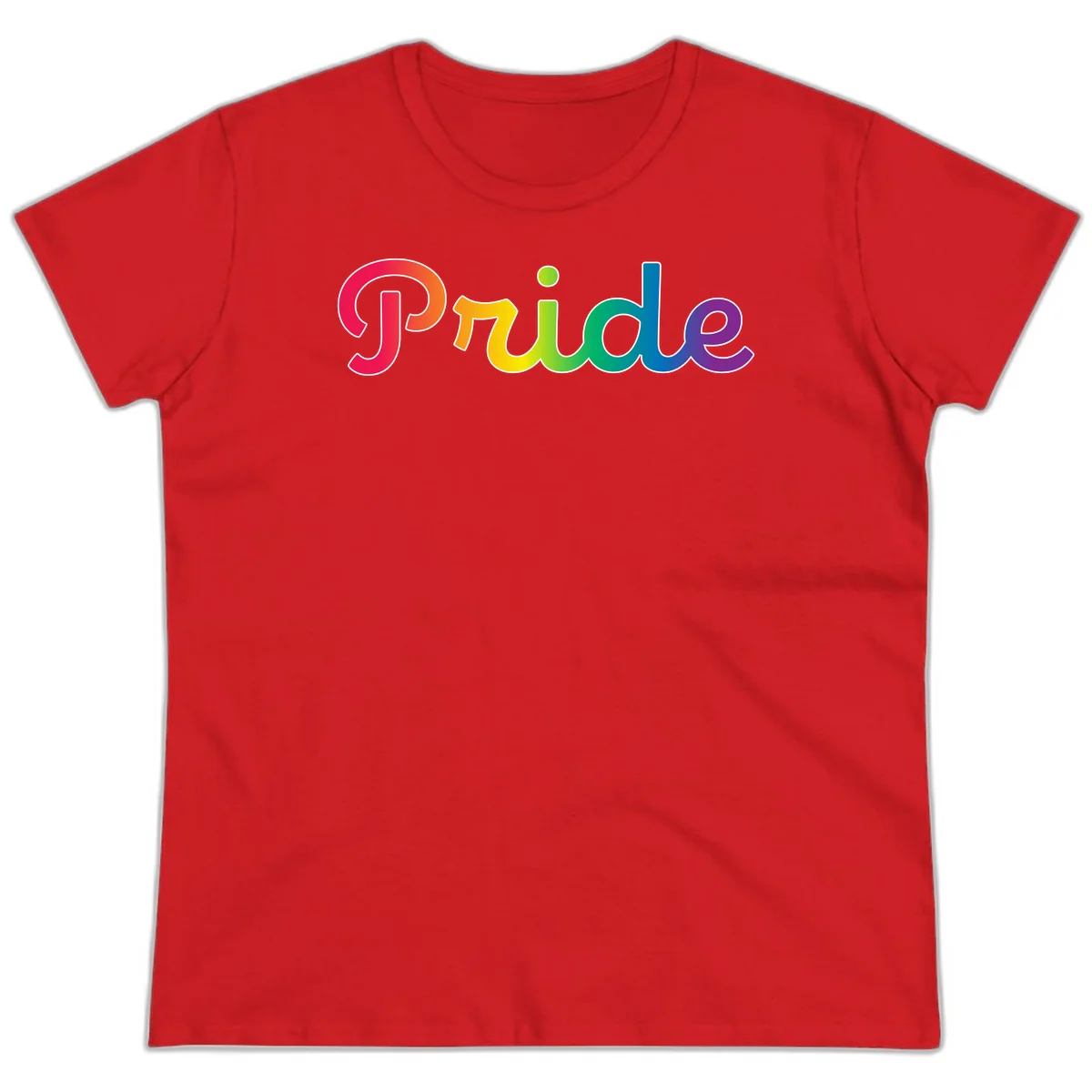 The word 'Pride' in large bold letters with rainbow gradient fill transitioning from red to purple, featuring white outlines on gray background in Red