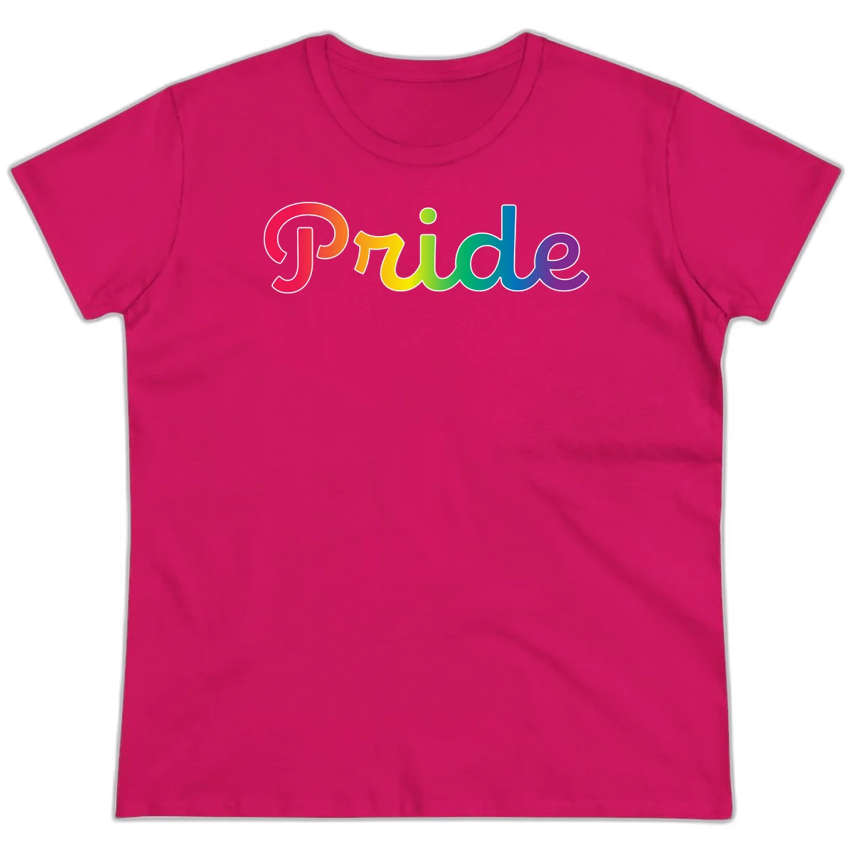 The word 'Pride' in large bold letters with rainbow gradient fill transitioning from red to purple, featuring white outlines on gray background in Heliconia