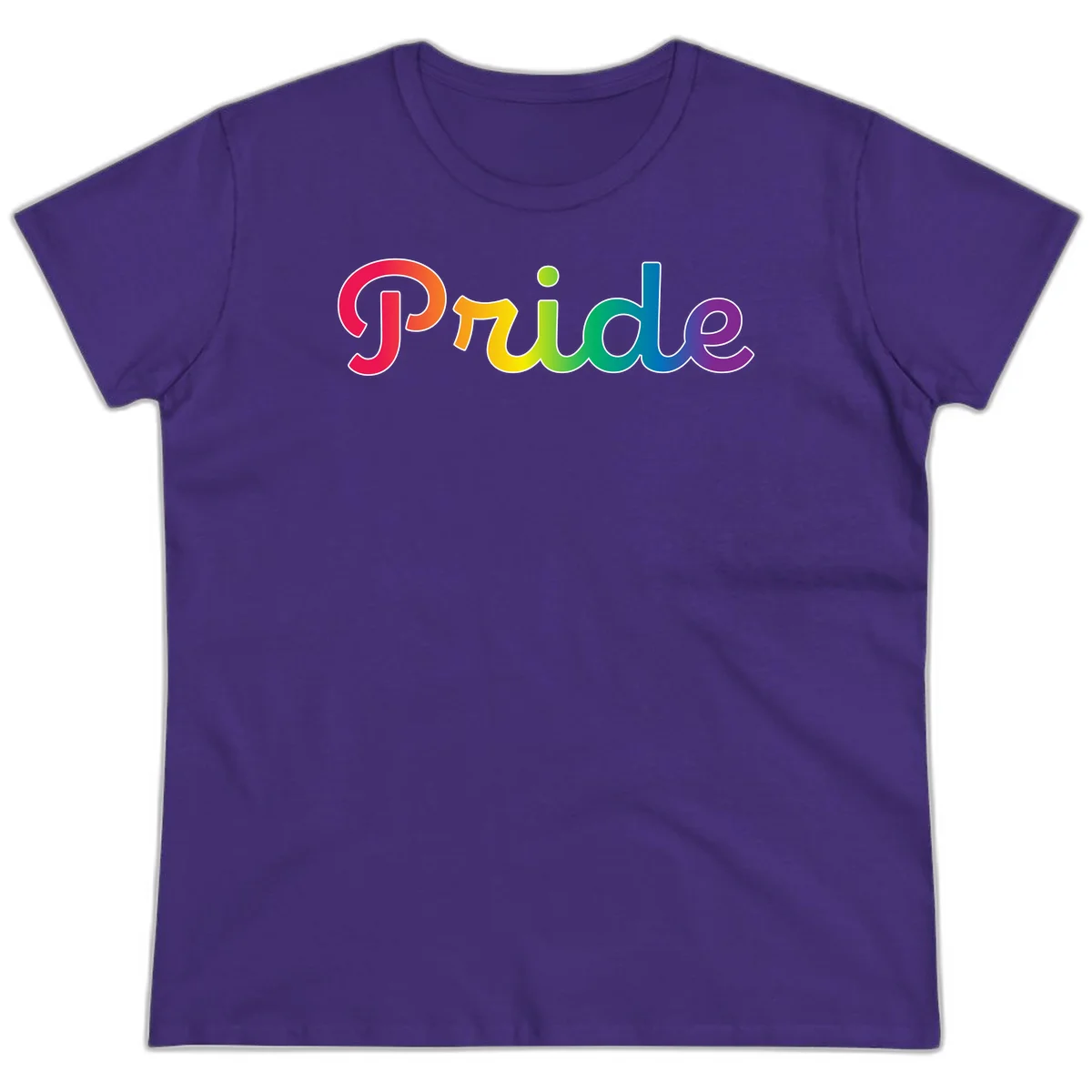 The word 'Pride' in large bold letters with rainbow gradient fill transitioning from red to purple, featuring white outlines on gray background in Purple