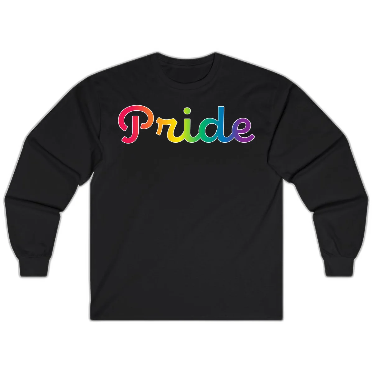 The word 'Pride' in large bold letters with rainbow gradient fill transitioning from red to purple, featuring white outlines on gray background in Black