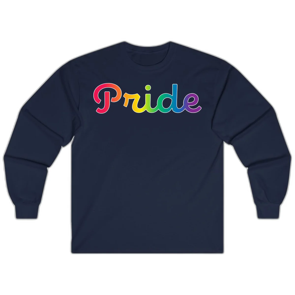 The word 'Pride' in large bold letters with rainbow gradient fill transitioning from red to purple, featuring white outlines on gray background in Navy