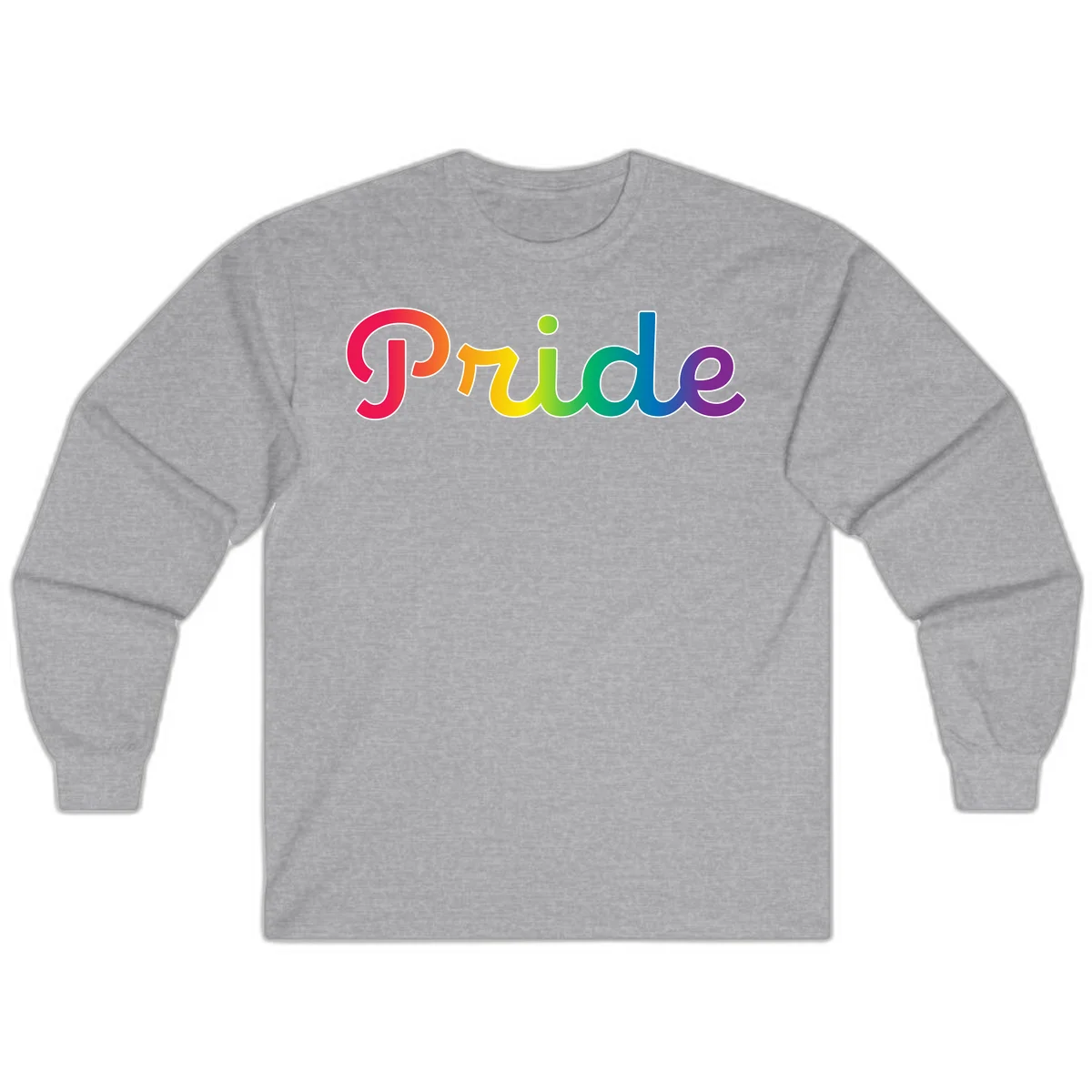 The word 'Pride' in large bold letters with rainbow gradient fill transitioning from red to purple, featuring white outlines on gray background in Sport Grey