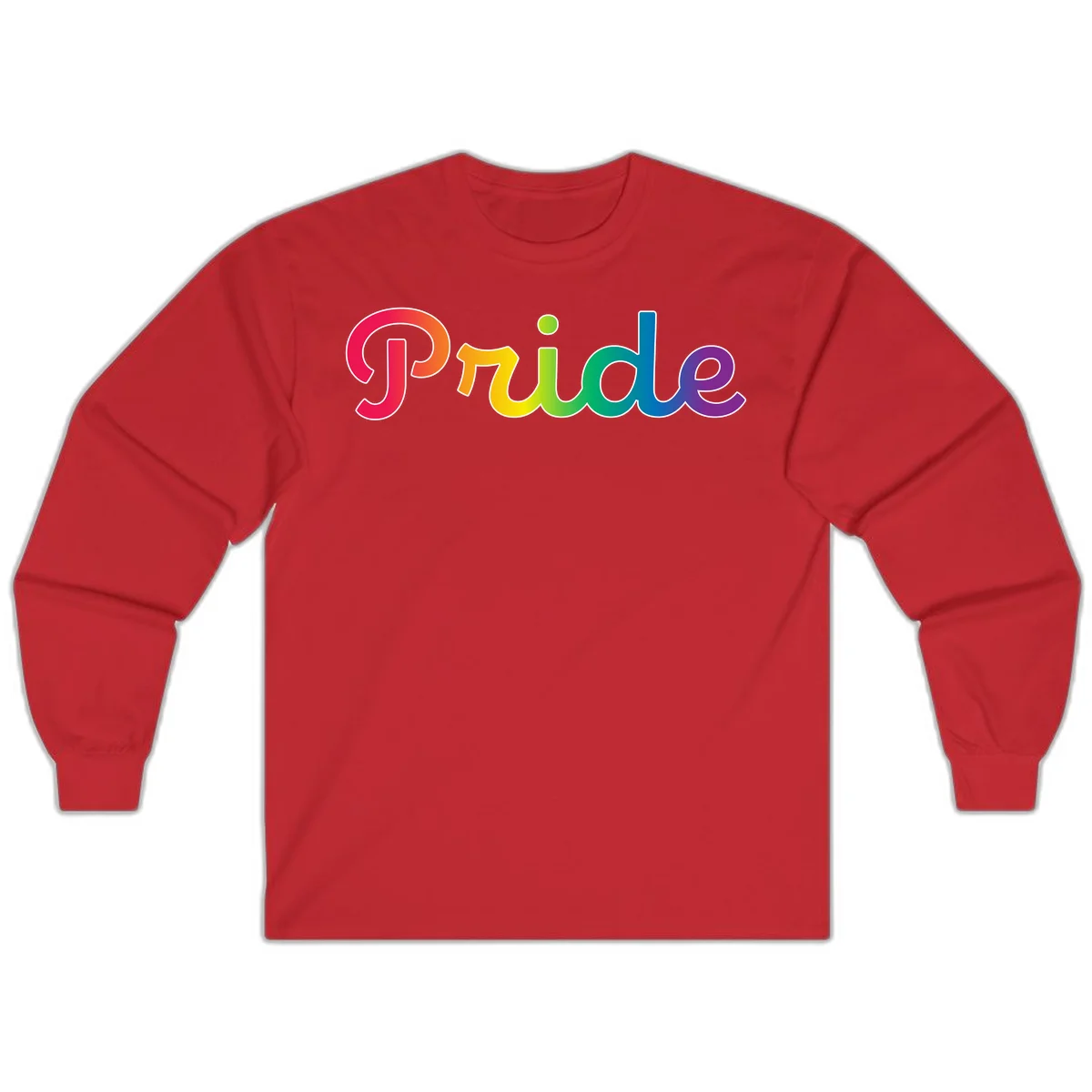 The word 'Pride' in large bold letters with rainbow gradient fill transitioning from red to purple, featuring white outlines on gray background in Red