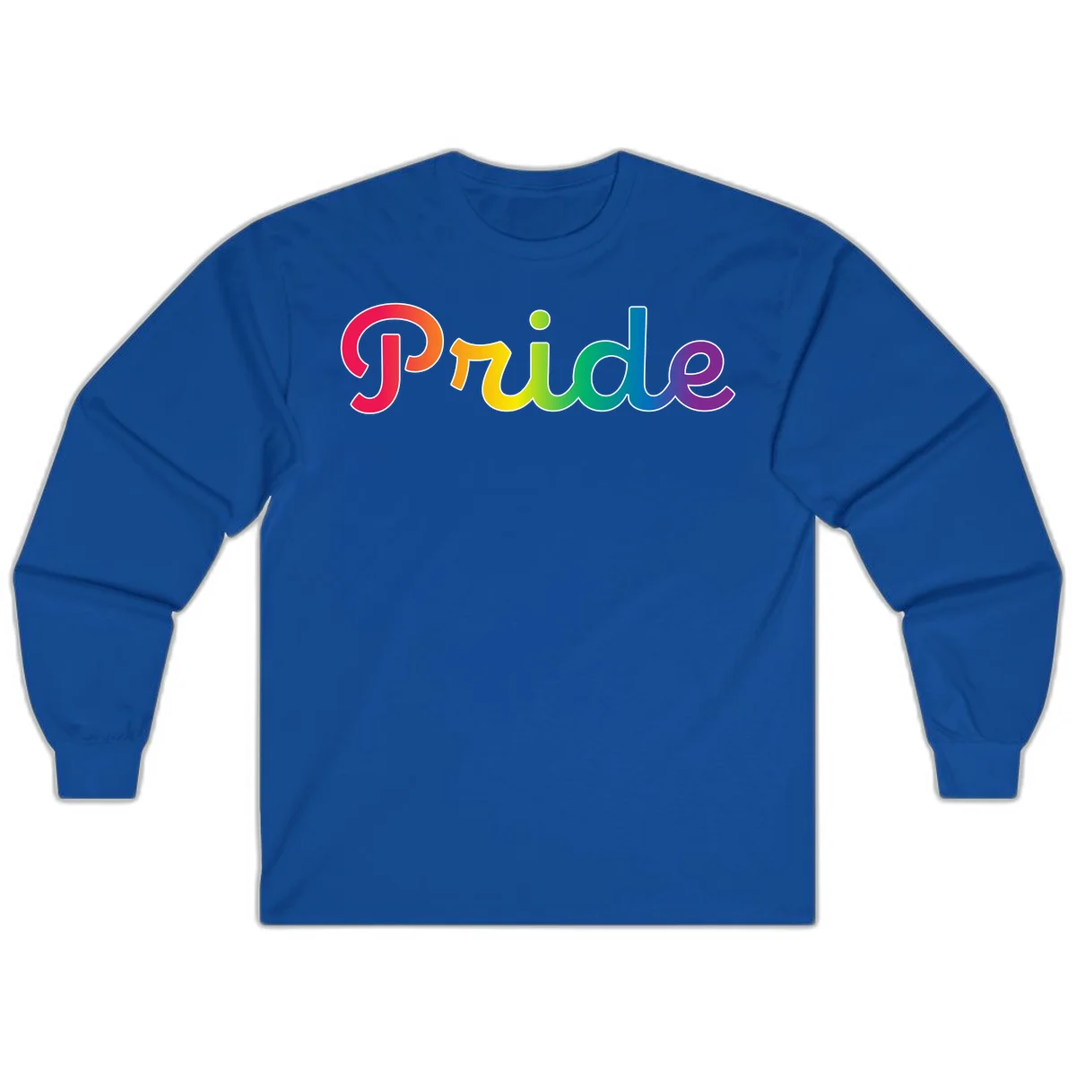 The word 'Pride' in large bold letters with rainbow gradient fill transitioning from red to purple, featuring white outlines on gray background in Royal