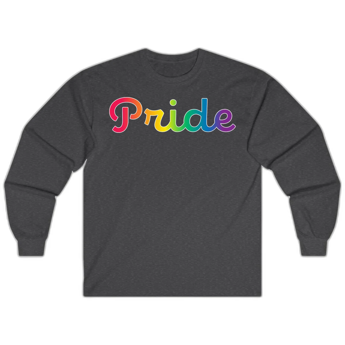 The word 'Pride' in large bold letters with rainbow gradient fill transitioning from red to purple, featuring white outlines on gray background in Dark Heather