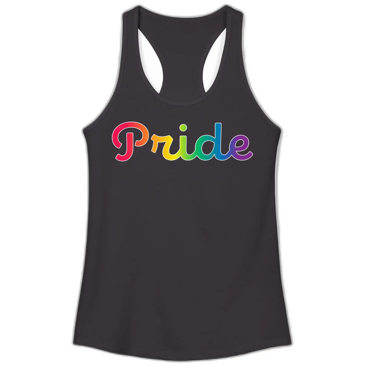 The word 'Pride' in large bold letters with rainbow gradient fill transitioning from red to purple, featuring white outlines on gray background in Black
