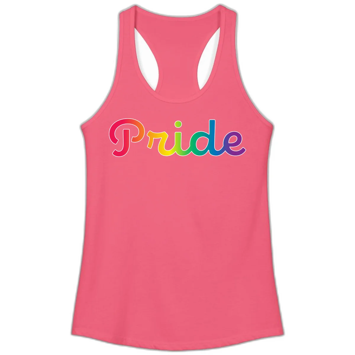 The word 'Pride' in large bold letters with rainbow gradient fill transitioning from red to purple, featuring white outlines on gray background in Hot Pink