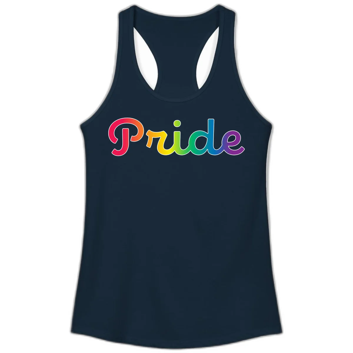 The word 'Pride' in large bold letters with rainbow gradient fill transitioning from red to purple, featuring white outlines on gray background in Solid Midnight Navy