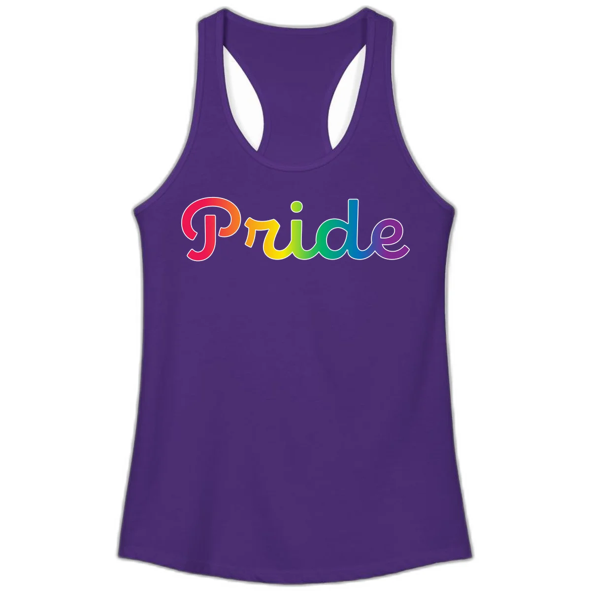 The word 'Pride' in large bold letters with rainbow gradient fill transitioning from red to purple, featuring white outlines on gray background in Solid Purple Rush