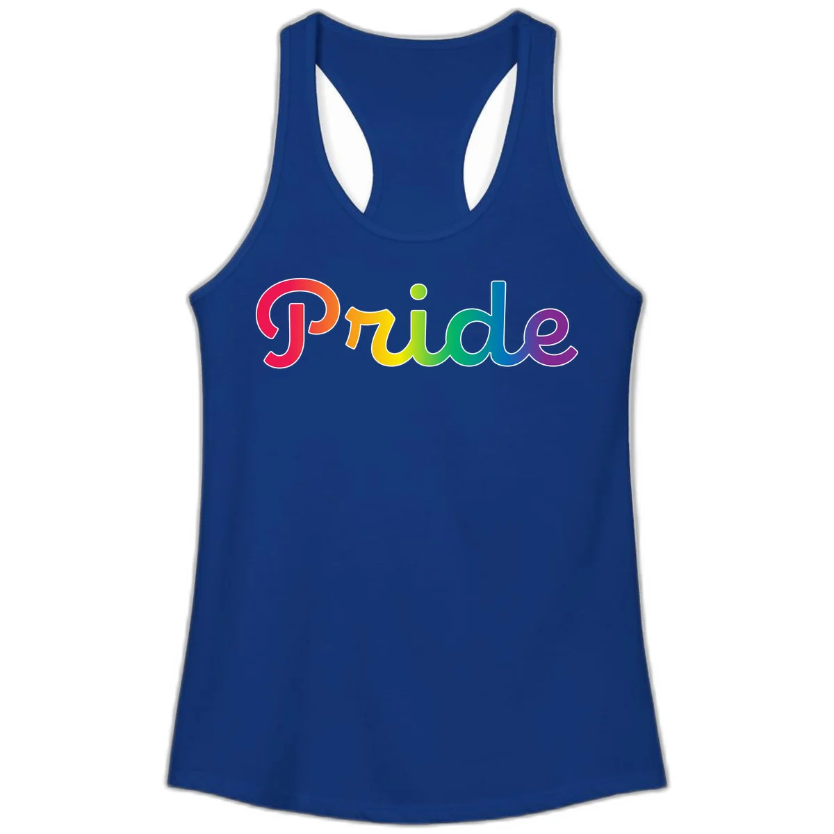 The word 'Pride' in large bold letters with rainbow gradient fill transitioning from red to purple, featuring white outlines on gray background in Solid Royal
