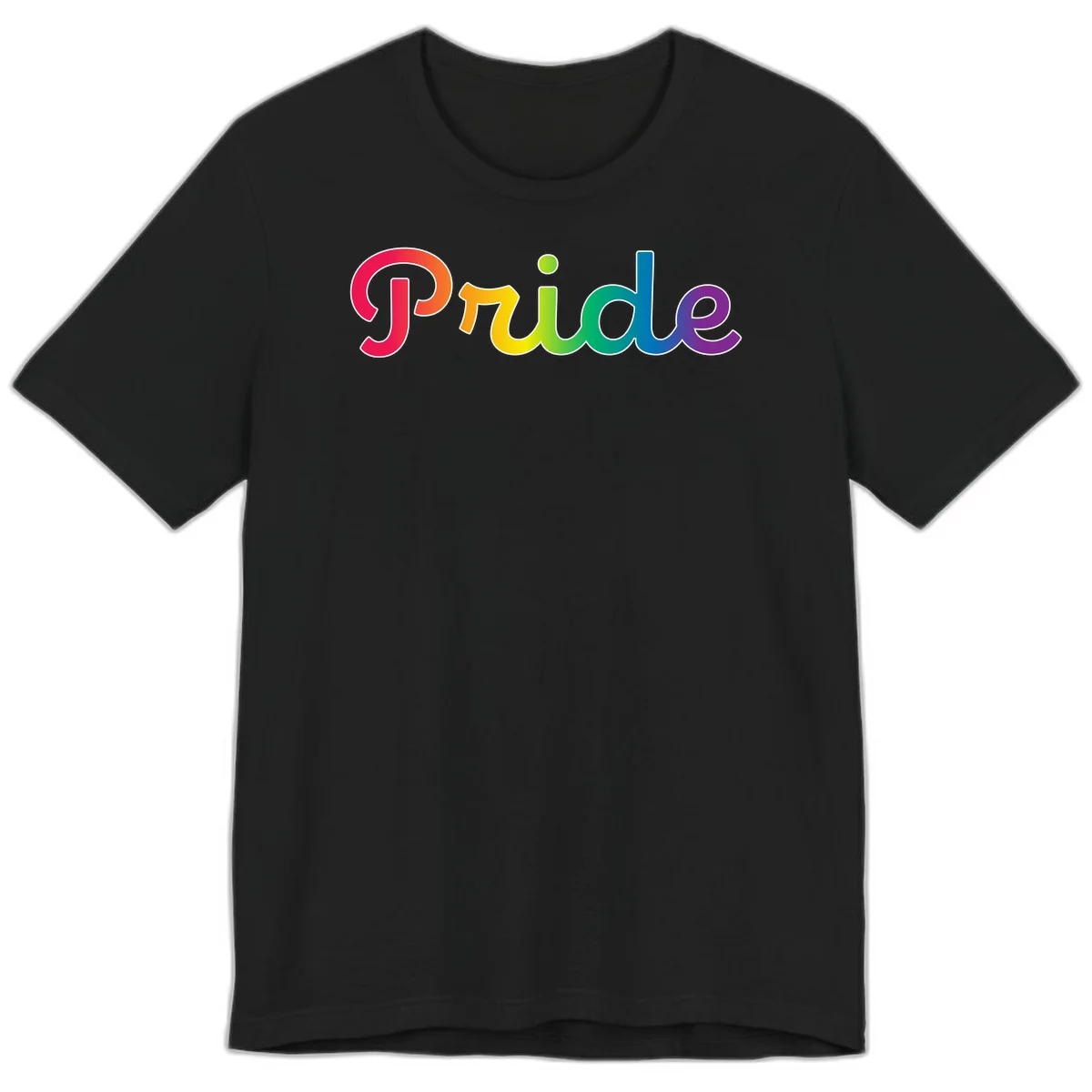 The word 'Pride' in large bold letters with rainbow gradient fill transitioning from red to purple, featuring white outlines on gray background in Black