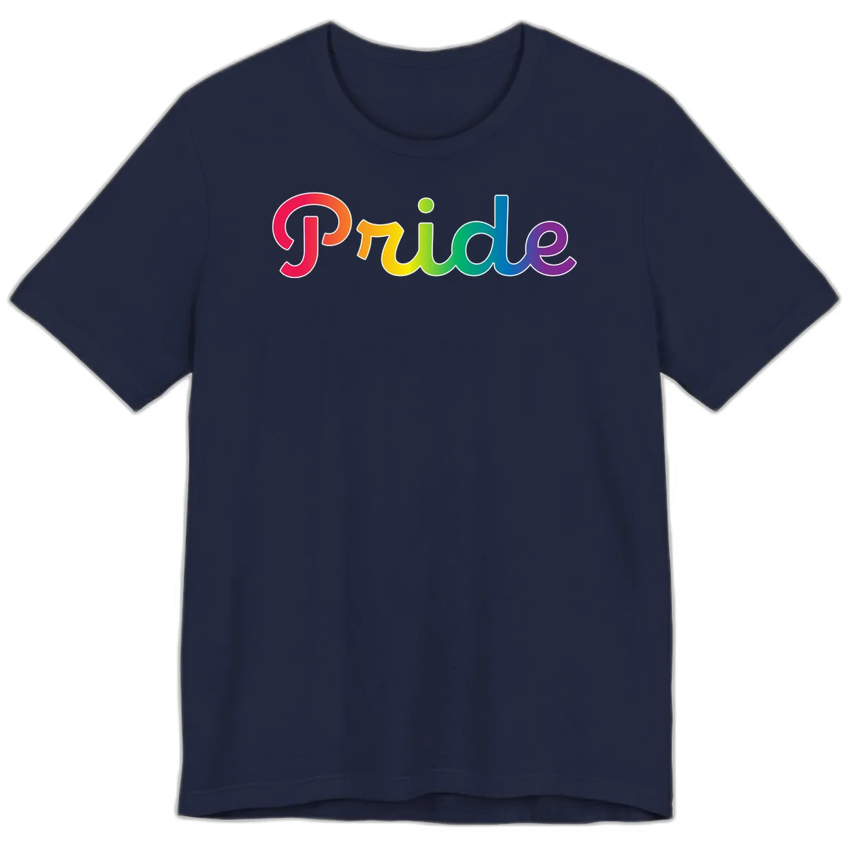 The word 'Pride' in large bold letters with rainbow gradient fill transitioning from red to purple, featuring white outlines on gray background in Navy