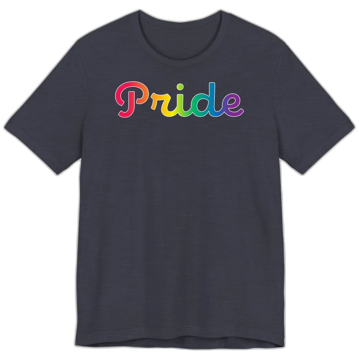 The word 'Pride' in large bold letters with rainbow gradient fill transitioning from red to purple, featuring white outlines on gray background in Heather Midnight Navy