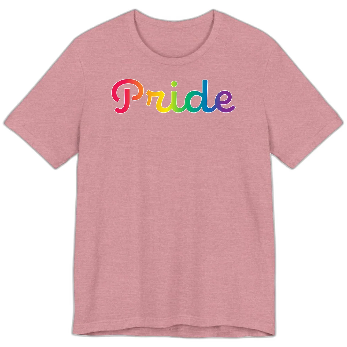 The word 'Pride' in large bold letters with rainbow gradient fill transitioning from red to purple, featuring white outlines on gray background in Heather Orchid