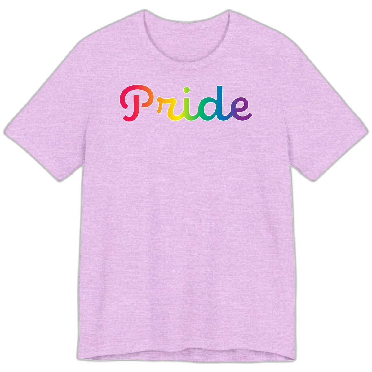 The word 'Pride' in large bold letters with rainbow gradient fill transitioning from red to purple, featuring white outlines on gray background in Heather Prism Lilac