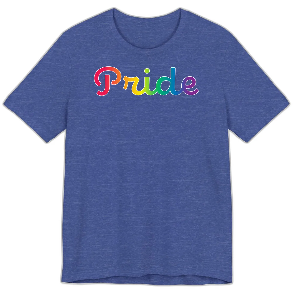 The word 'Pride' in large bold letters with rainbow gradient fill transitioning from red to purple, featuring white outlines on gray background in Heather True Royal