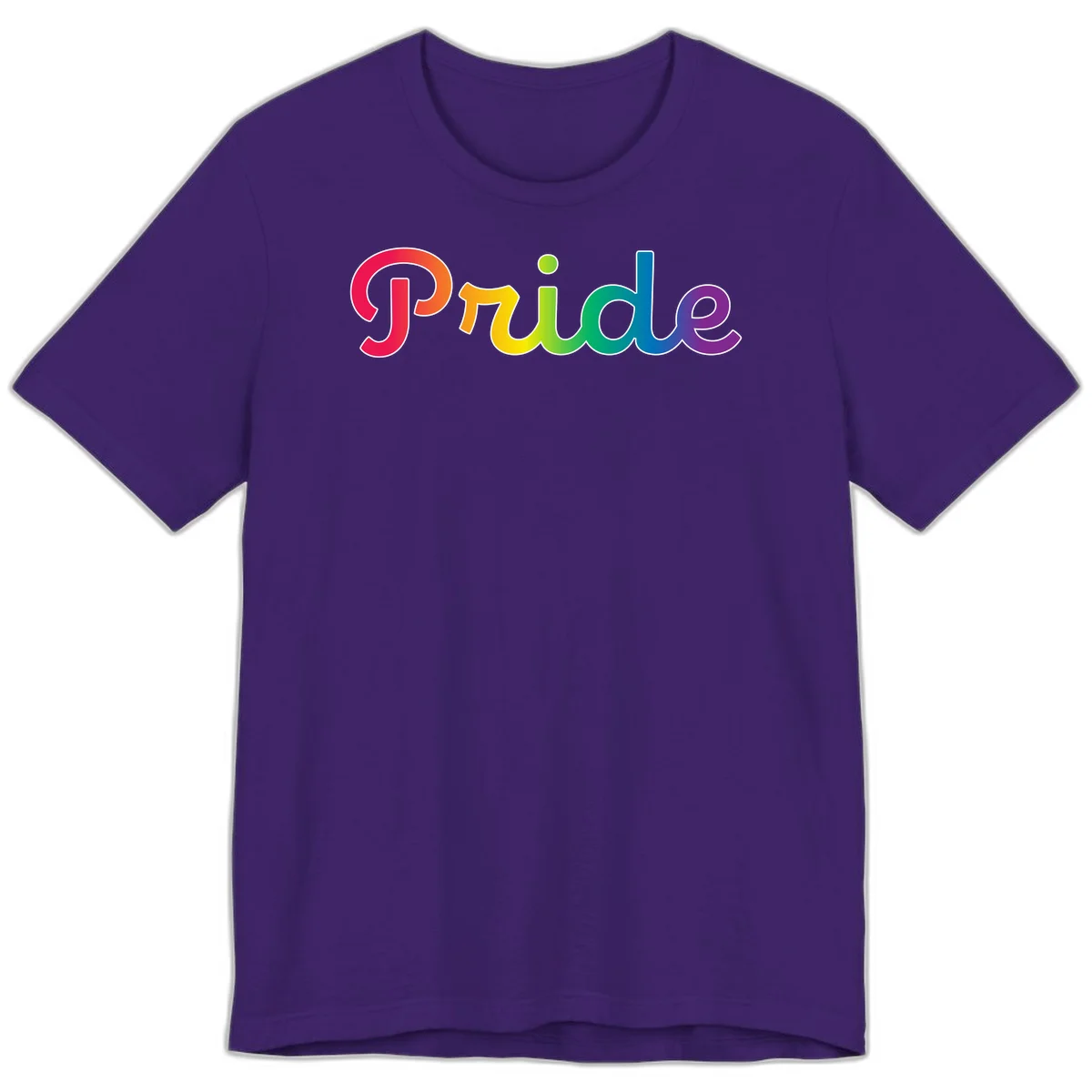 The word 'Pride' in large bold letters with rainbow gradient fill transitioning from red to purple, featuring white outlines on gray background in Team Purple