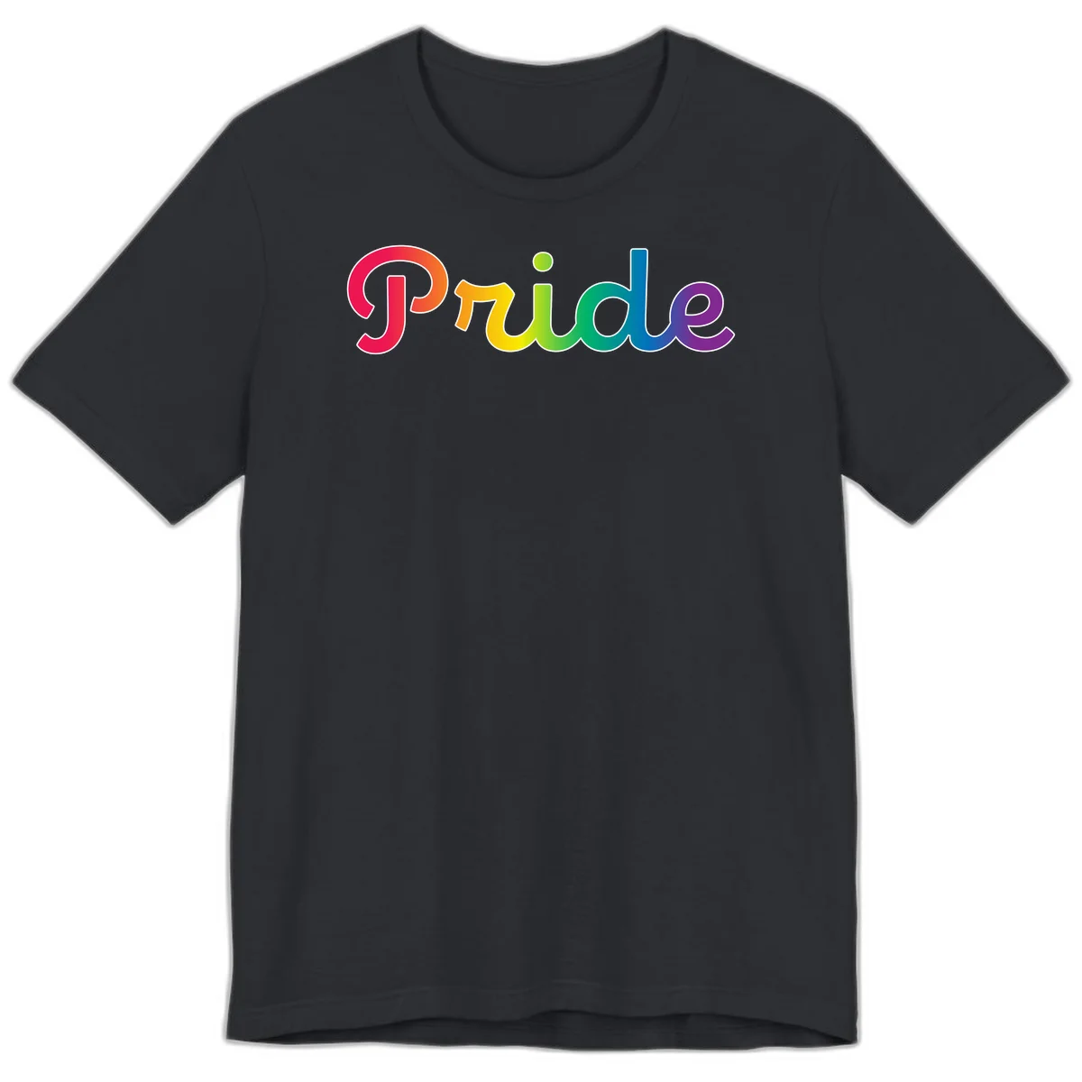 The word 'Pride' in large bold letters with rainbow gradient fill transitioning from red to purple, featuring white outlines on gray background in Vintage Black