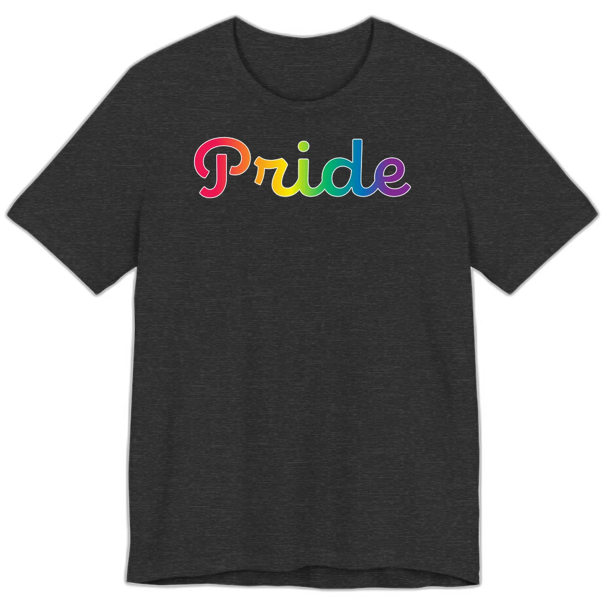 The word 'Pride' in large bold letters with rainbow gradient fill transitioning from red to purple, featuring white outlines on gray background in Dark Grey Heather