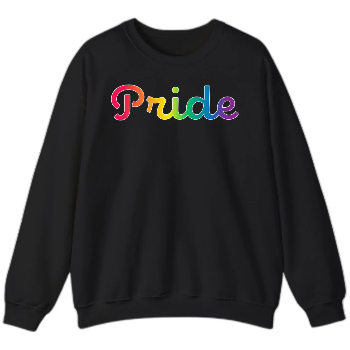 The word 'Pride' in large bold letters with rainbow gradient fill transitioning from red to purple, featuring white outlines on gray background in Black