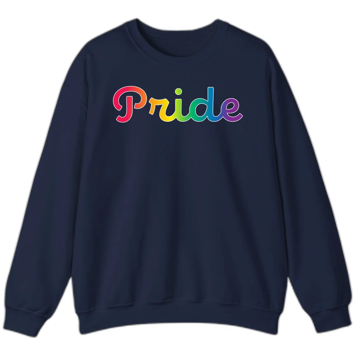 The word 'Pride' in large bold letters with rainbow gradient fill transitioning from red to purple, featuring white outlines on gray background in Navy