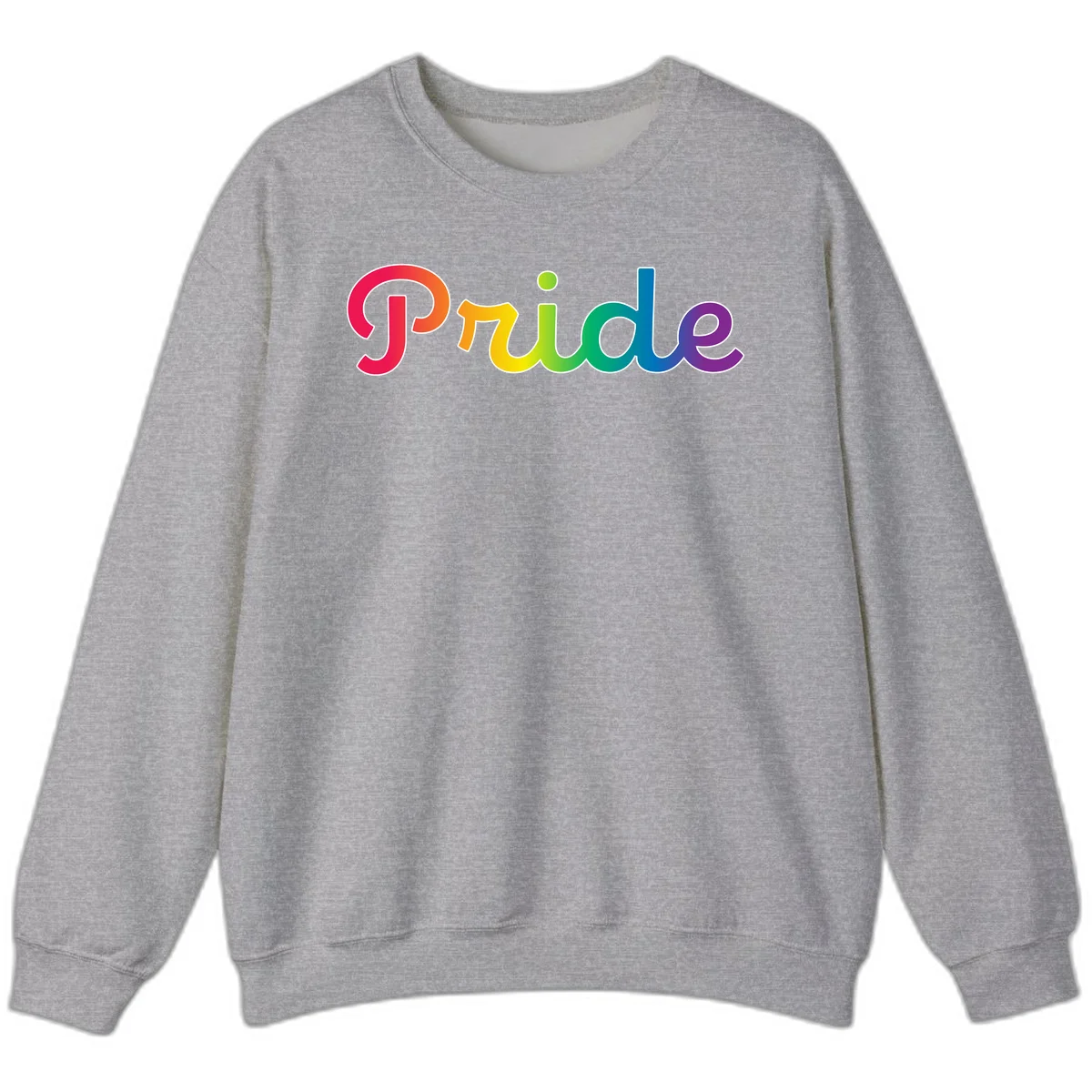 The word 'Pride' in large bold letters with rainbow gradient fill transitioning from red to purple, featuring white outlines on gray background in Sport Grey