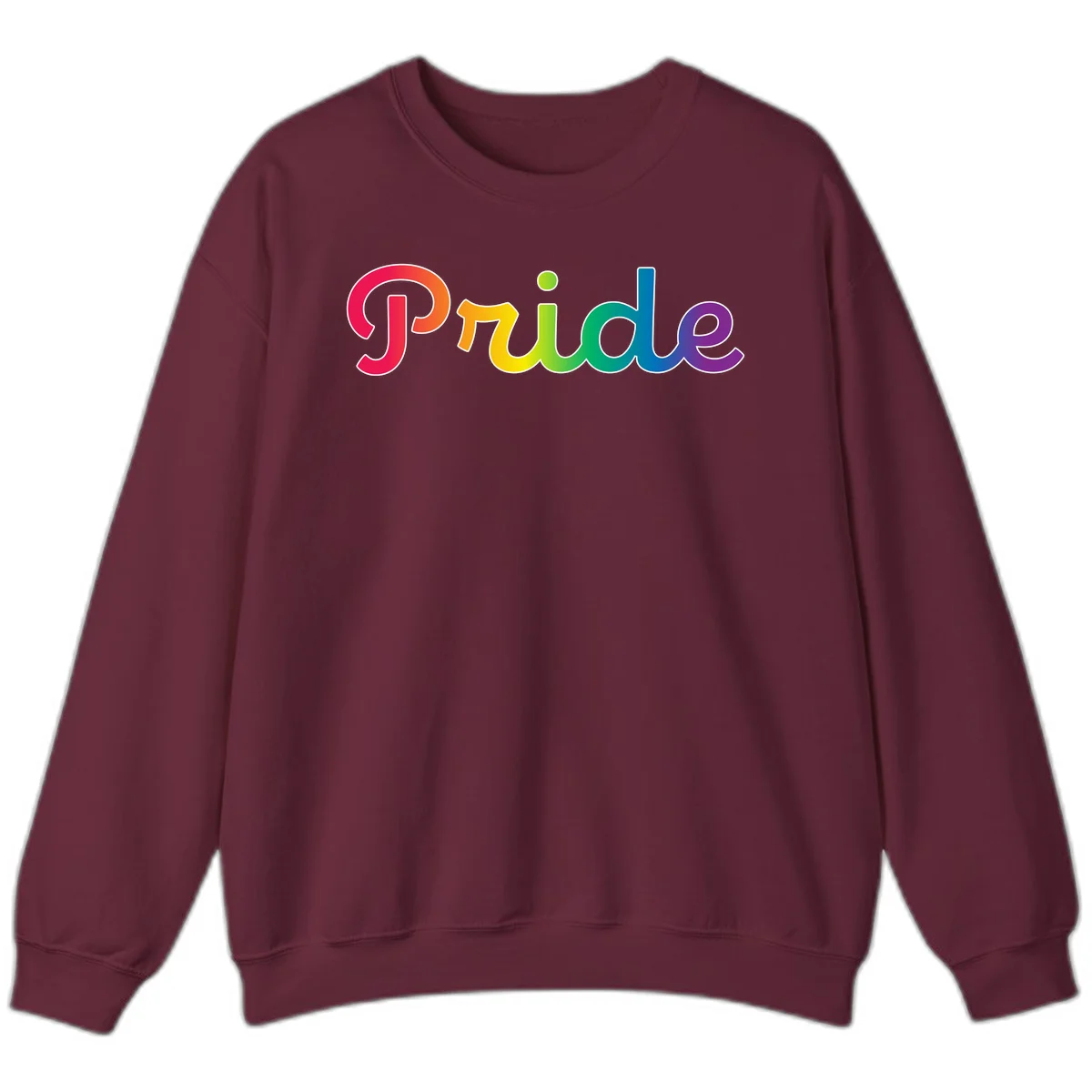 The word 'Pride' in large bold letters with rainbow gradient fill transitioning from red to purple, featuring white outlines on gray background in Maroon