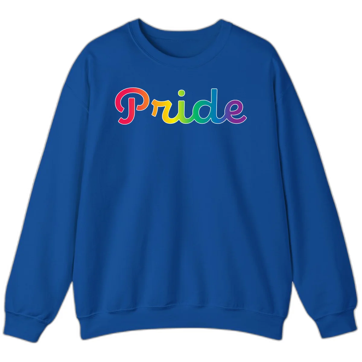 The word 'Pride' in large bold letters with rainbow gradient fill transitioning from red to purple, featuring white outlines on gray background in Royal