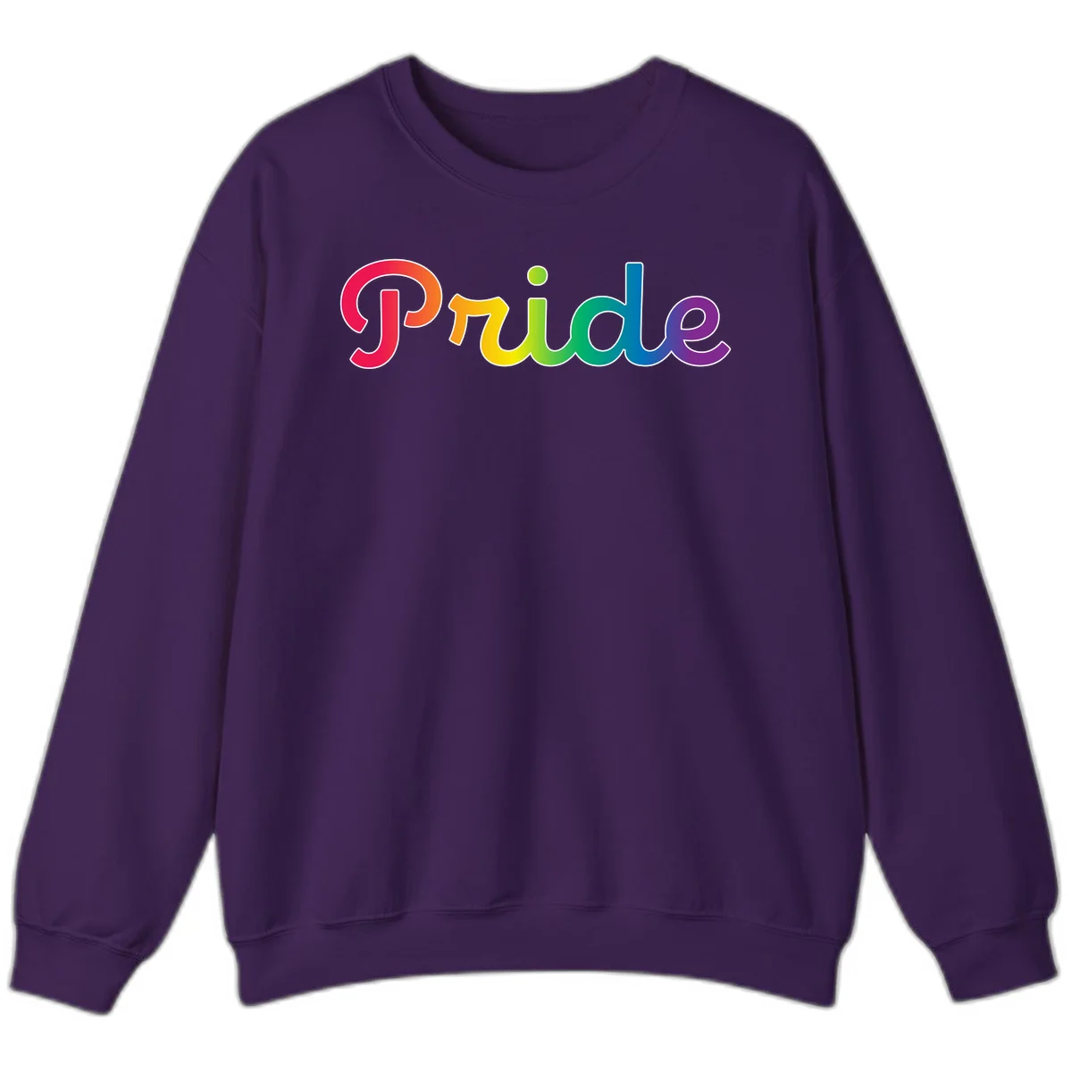 The word 'Pride' in large bold letters with rainbow gradient fill transitioning from red to purple, featuring white outlines on gray background in Purple