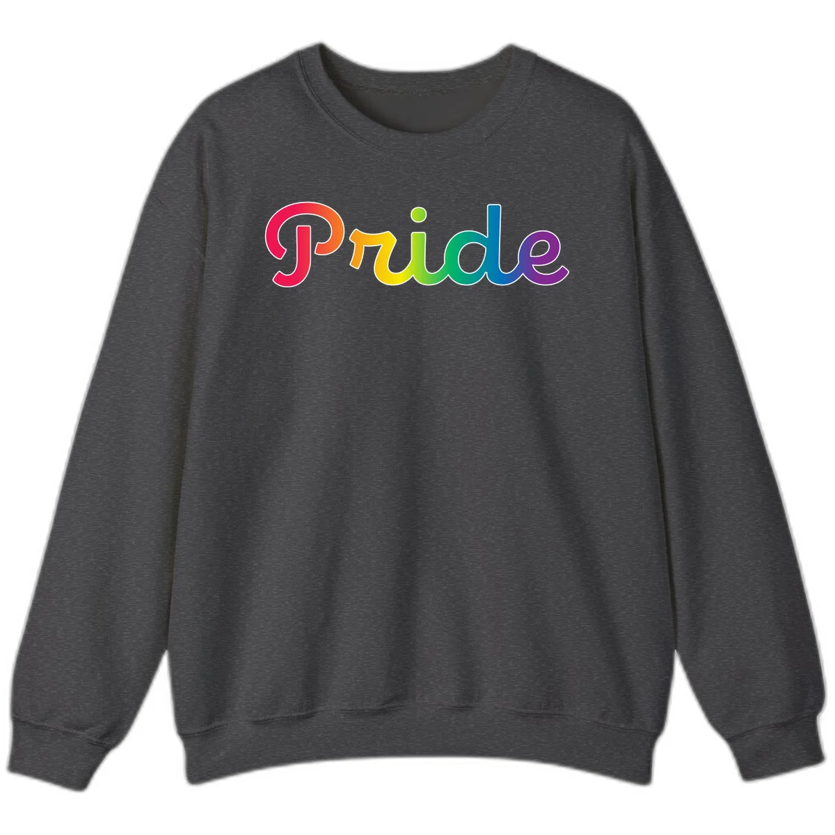 The word 'Pride' in large bold letters with rainbow gradient fill transitioning from red to purple, featuring white outlines on gray background in Dark Heather