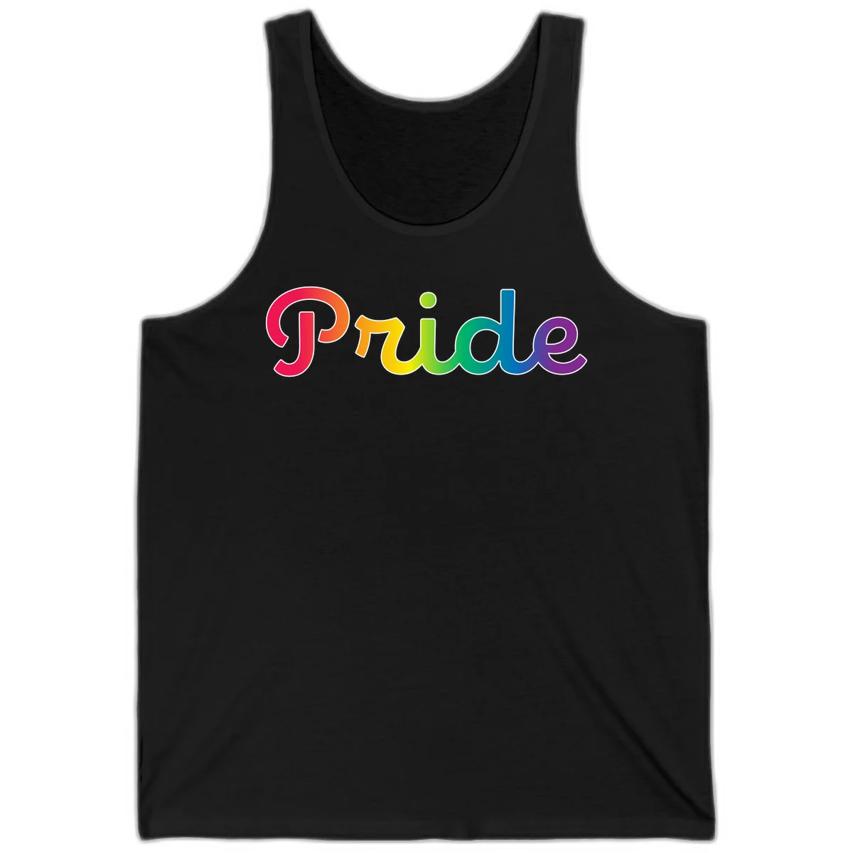 The word 'Pride' in large bold letters with rainbow gradient fill transitioning from red to purple, featuring white outlines on gray background in Black