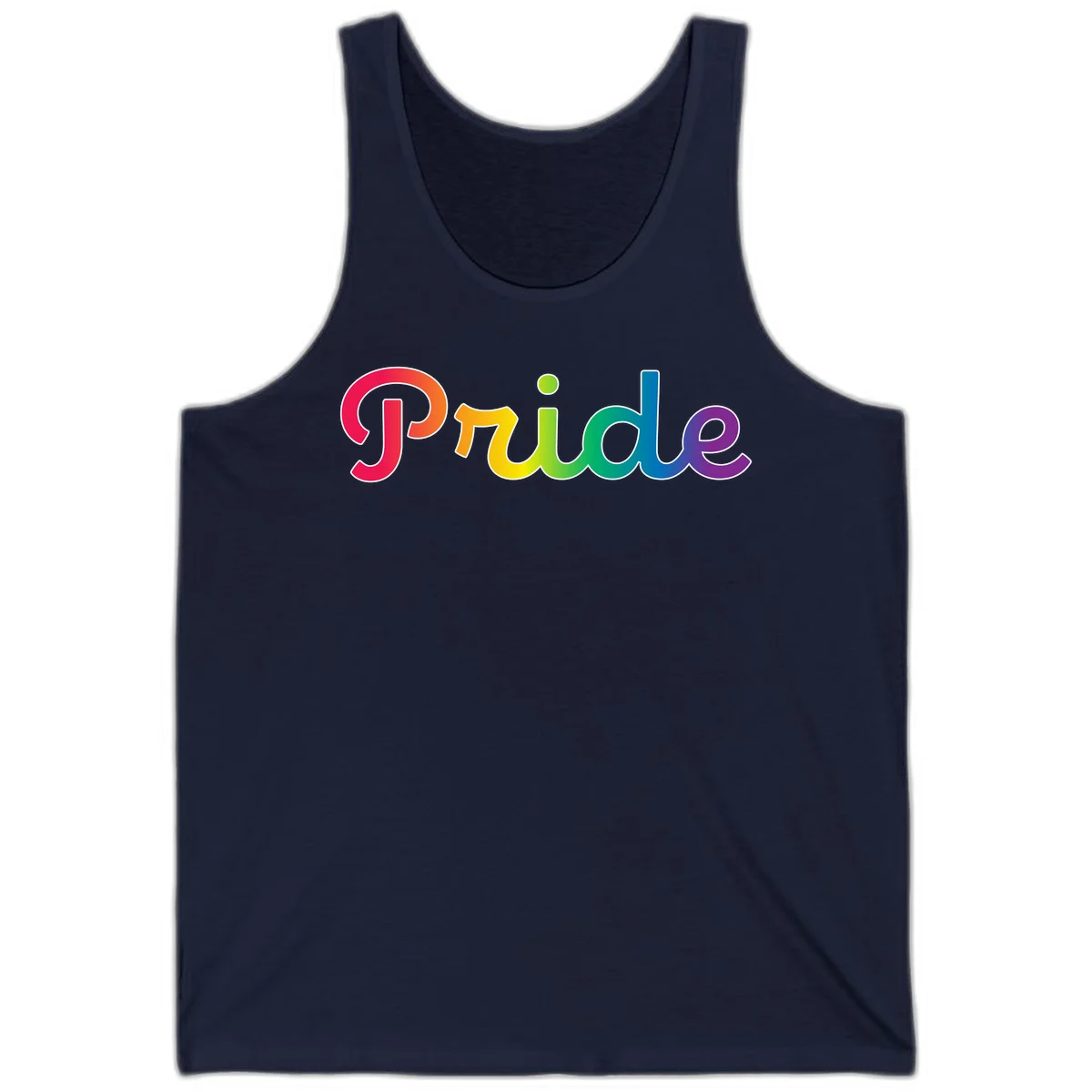 The word 'Pride' in large bold letters with rainbow gradient fill transitioning from red to purple, featuring white outlines on gray background in Navy