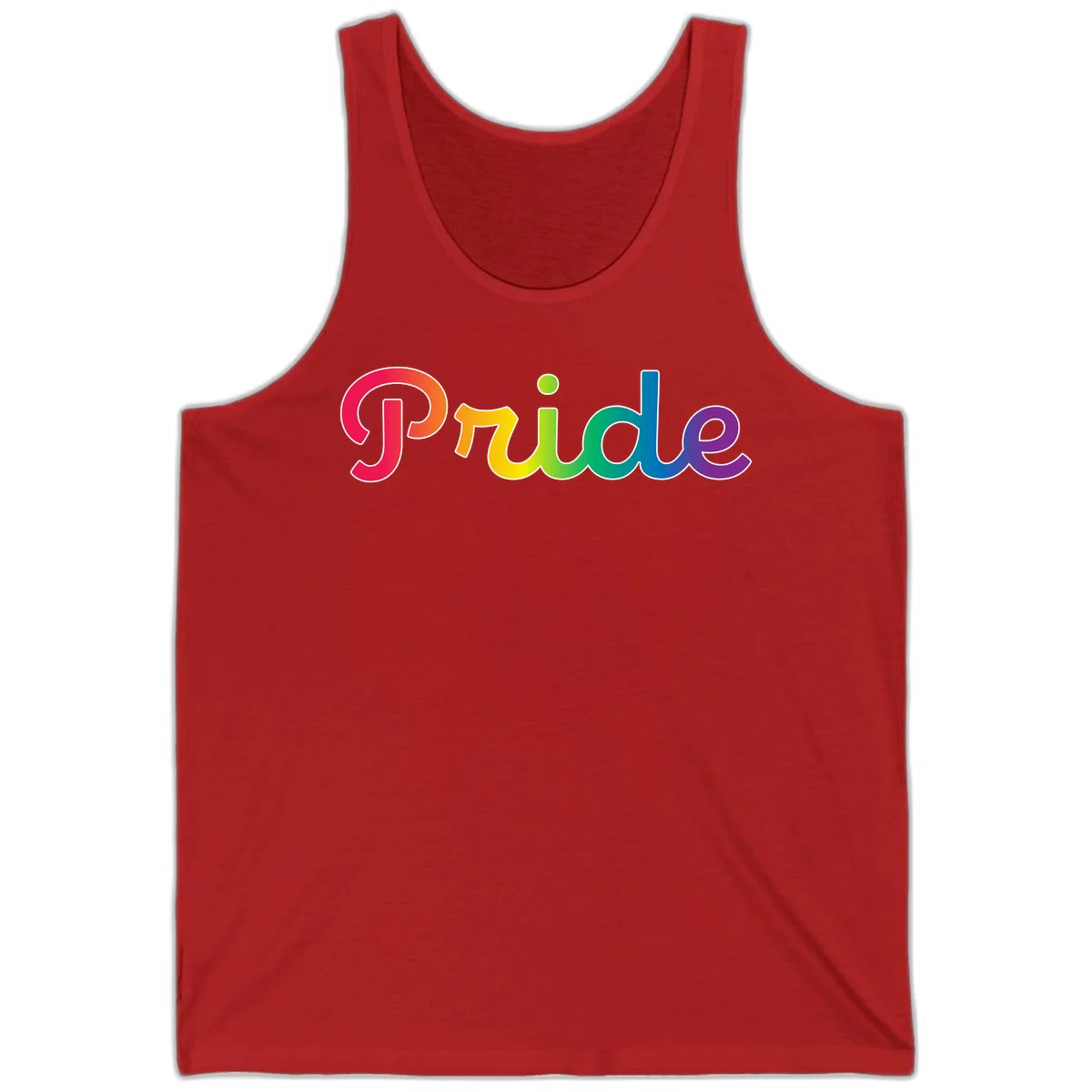 The word 'Pride' in large bold letters with rainbow gradient fill transitioning from red to purple, featuring white outlines on gray background in Red