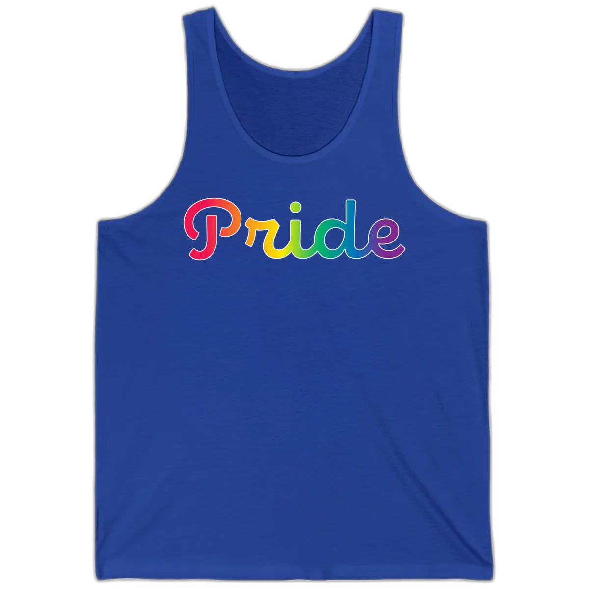 The word 'Pride' in large bold letters with rainbow gradient fill transitioning from red to purple, featuring white outlines on gray background in True Royal