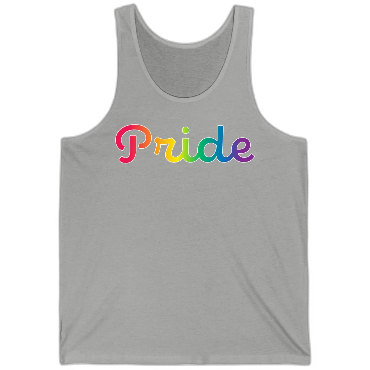 The word 'Pride' in large bold letters with rainbow gradient fill transitioning from red to purple, featuring white outlines on gray background in Athletic Heather